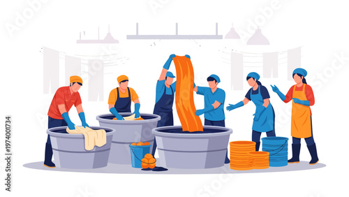 Textile Dyeing Process: A group of skilled artisans diligently work within a textile dyeing factory. Their synchronized movements bring forth vibrant colors and patterns to the fabric. 