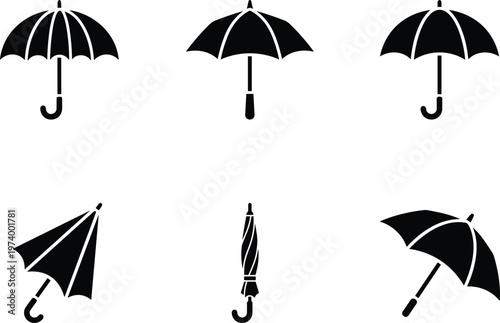 Collection of six outline umbrellas displayed in various open and closed positions