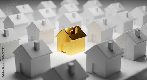Gold house model stands out among white miniature homes representing luxury real estate investment and unique property selection in housing market