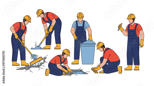 Construction Workers in Action: Illustrative representation of construction workers, each engaged in varied tasks, demonstrating skills essential for building and maintenance. 
