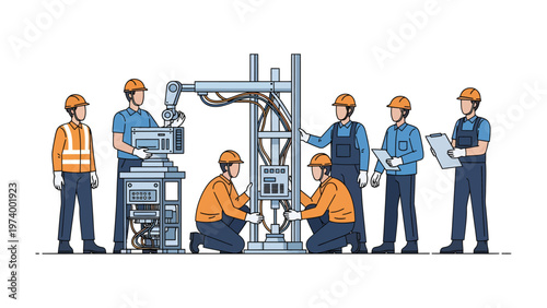Industry Team Collaboration: A focused team of engineers meticulously inspects and maintains intricate machinery within an industrial setting, symbolizing precision and cooperation.