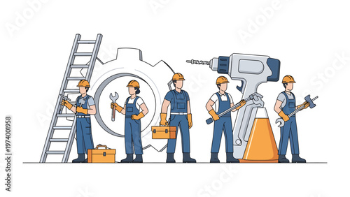 Engineering Team: A team of skilled engineers stands united, armed with an array of tools and equipment, ready to tackle any technical challenge with expertise and precision.