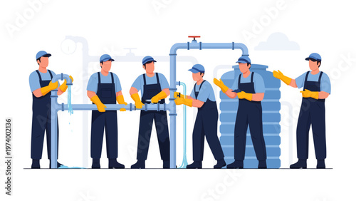 Plumbers at Work: A team of skilled plumbers diligently works on installing and maintaining water pipes, showcasing their expertise and precision in the field.