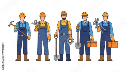 Builders' Brigade: A well-coordinated team of builders stands ready, each with a specialized tool, symbolizing collaborative strength and expertise in construction.