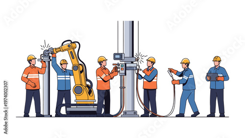 Automation and Human: A team of skilled technicians and a robotic arm collaborate on a complex project.