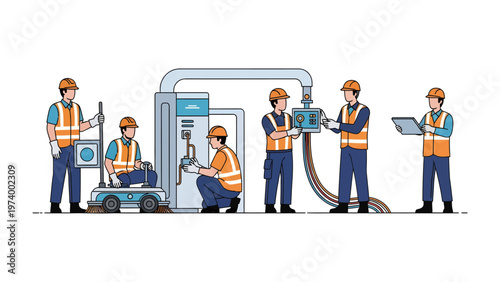 Engineering Team at Work: A team of skilled engineers meticulously collaborates, engaged in the intricate process of building, inspecting, and maintaining the machinery of a cutting-edge facility.