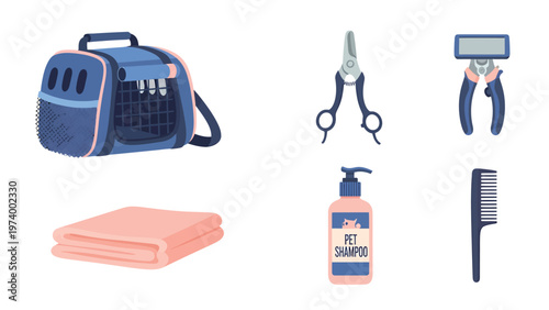 Pet grooming and travel essentials. Illustrated set of pet care tools including carrier, shampoo, towel, scissors, clippers, comb.