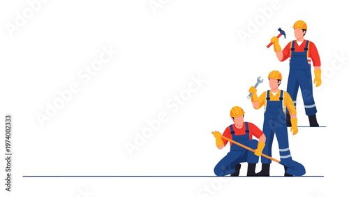 Constructive teamwork: A group of construction workers, each armed with their tools, stands ready for the project's commencement. Their unity and readiness. Their outfits are neat.