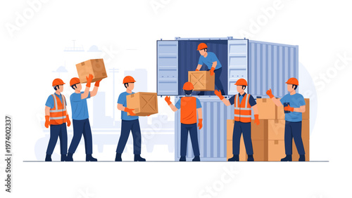 Freight Handling: A group of diligent workers loads cargo boxes into a shipping container, representing global logistics and commerce with teamwork and efficiency.