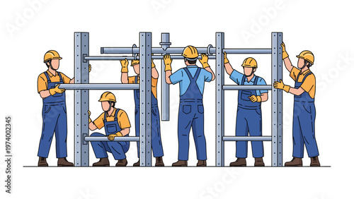 Construction Collaboration: A group of construction workers in hardhats collaboratively assemble a steel structure on a project site, emphasizing teamwork and precision in their labor.