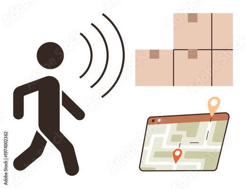 Logistics, navigation, delivery tracking, e-commerce, inventory management, and route optimization. Person emitting a wireless signal, map with pins and shipping boxes. Logistics and navigation