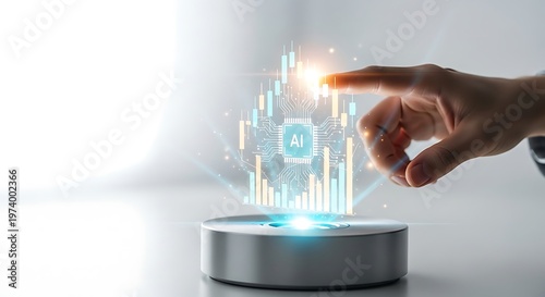 Human hand touching glowing artificial intelligence ai hologram with financial data charts projecting from metallic smart device on white desk