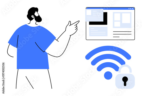 Cybersecurity, online identity, secure access, data protection, network safety, digital resources. Illustration of a man pointing at a browser interface with a wireless and lock icon. Cybersecurity