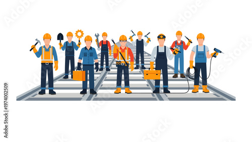 Industrial Team Standing Ready: A collective of construction workers, united in purpose, ready to bring their skills to the forefront of building a better tomorrow.