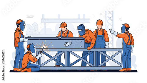 Construction Crew Collaboration: A skilled construction crew meticulously welds metal components.