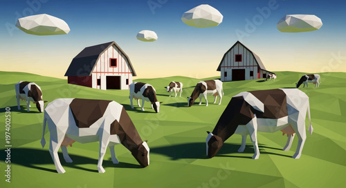 A herd of cows grazes peacefully on a lush green field with farm buildings in the background, rendered in a low-poly art style