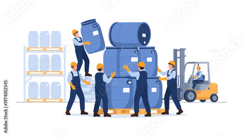 Warehouse Logistics: Workers carefully arrange and transport barrels in a busy warehouse setting, symbolizing industrial processes and the efficiency of product handling.