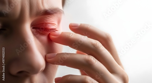 Person suffering from red, irritated eye, touching eyelid. Concept of eye pain, allergy, conjunctivitis, or inflammation.