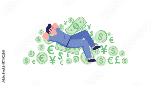 Relaxed man lying on a pile of money and currency symbols, depicting financial freedom, passive income, and wealth.