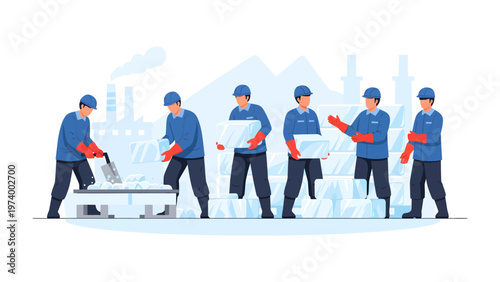 Ice Factory Operatives: A group of hardworking operatives within an ice factory diligently perform various tasks to produce and handle ice, representing industry and the power of human labor.