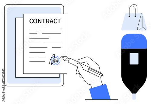 Legal agreements, contract signing, e-commerce, resource management, authentication, business transactions. Hand signing a contract with a pen alongside a tablet and shopping bag. Legal agreements