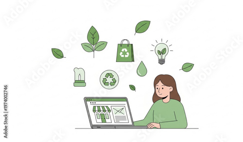 Eco Friendly Online Business with Laptop Green E Commerce Vector Illustration