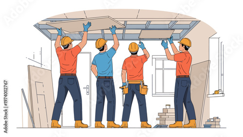 Ceiling Installation: A team of construction workers meticulously installs ceiling panels, embodying precision and collaborative effort in the pursuit of architectural excellence.