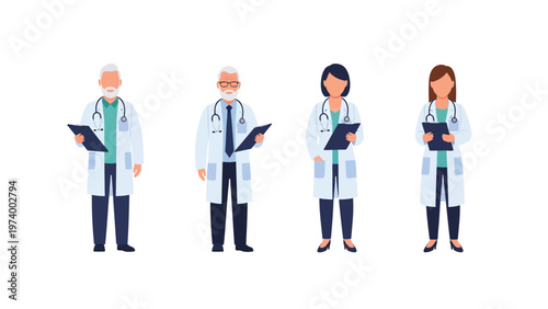 Diverse medical team illustration: male and female doctors, healthcare professionals with stethoscopes and clipboards