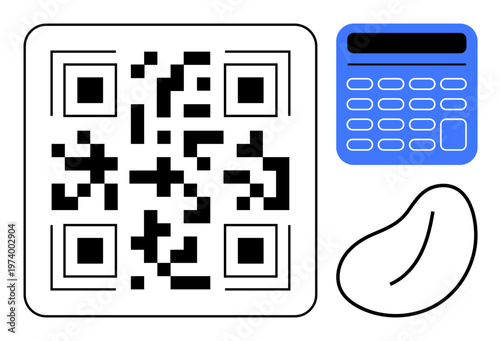 Digital tools, coding, technology, finance, economy, organic design. QR code, calculator bean-thumbs up shape in simple graphic style. Digital tools and coding concept for innovative problem-solving