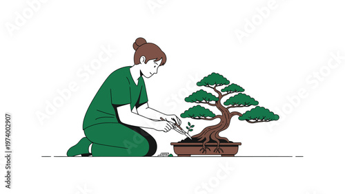 Woman Pruning Bonsai Tree. Miniature Plant Care, Gardening Hobby, and Zen Cultivation Illustration.