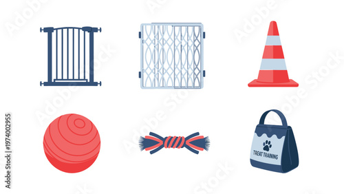 Pet safety and training supplies set: dog gates, traffic cone, exercise ball, rope toy, and treat bag. Animal care essentials.