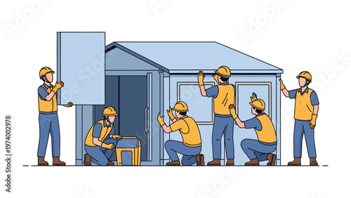 Construction Crew Assembling a Prefab Home: A team of skilled builders collaborates on-site, meticulously assembling the components of a prefabricated home, highlighting precision and teamwork.