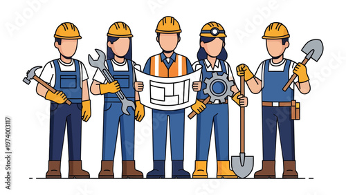 Construction Team: A team of construction workers stand united, each holding their essential tools and a blueprint, exemplifying expertise and collaborative spirit.