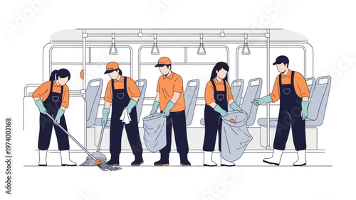 Bus Cleaning Crew: A dedicated team diligently sanitizes a public transit bus, ensuring a clean and safe environment for all commuters.