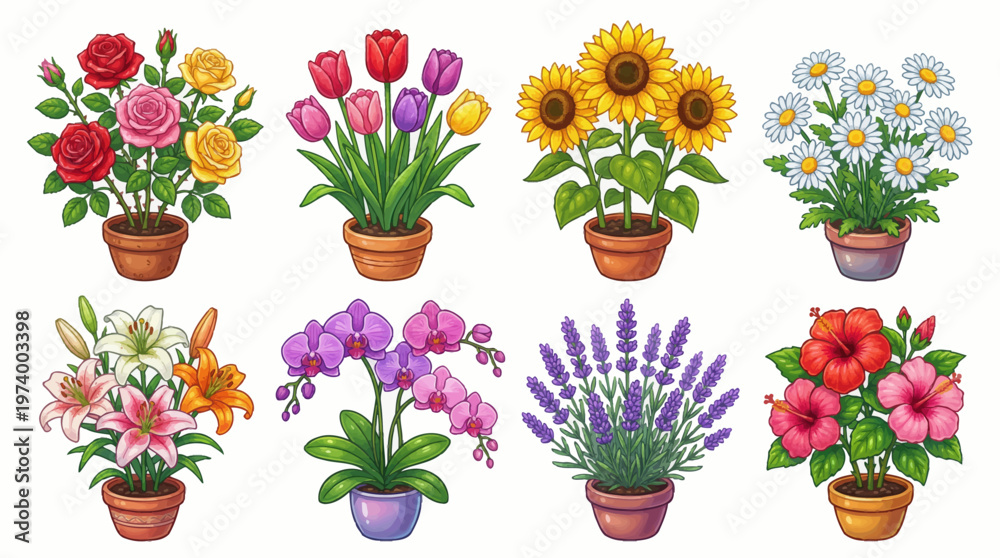 Obraz premium Set of Eight Colorful Potted Flower Illustrations Featuring Roses Tulips Sunflowers Daisies Lilies Orchids Lavender and Hibiscus Isolated on White Background
