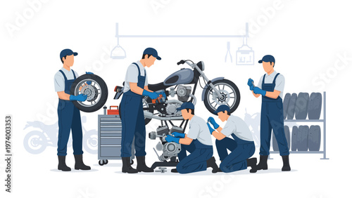 Mechanics at Work: A team of skilled mechanics meticulously repairs a motorcycle in a workshop, showcasing the precision and expertise required in the field of vehicle maintenance.