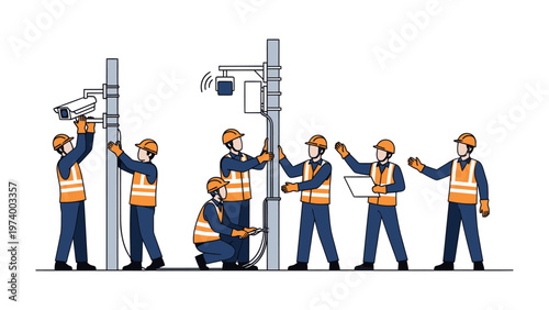 Technician Team in Action: A group of skilled technicians is seen meticulously installing and inspecting surveillance technology, ensuring safety, security and connectivity in the modern era.
