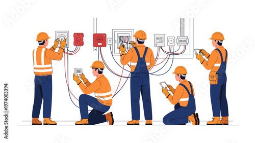 Precision in Progress: A team of skilled technicians meticulously working on electrical panels, their focused efforts ensuring seamless power distribution.