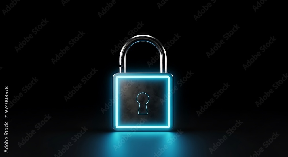Fototapeta premium Glowing neon blue padlock on dark background for cyber security and digital data protection concept with metal shackle and glowing keyhole light