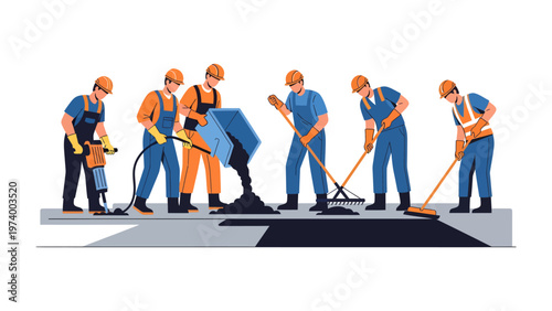 Road construction: A team of construction workers is paving road, working together in a construction site