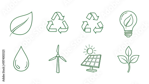Eco-Conscious Icons: A collection of environmentally themed icons in a clean, minimalist style, perfect for promoting sustainability and eco-friendly practices.