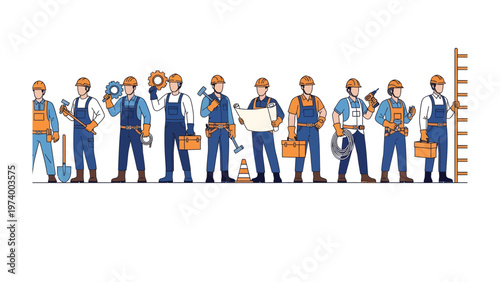 Construction Crew Illustration: A comprehensive depiction of a skilled construction crew, showcasing diverse trades and equipment, ready to bring any vision to life.