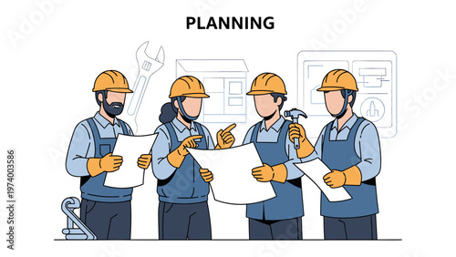 Construction Team at Work: A group of construction workers in hard hats collaborate, discussing blueprints, with tools in the background, symbolizing construction planning and teamwork.