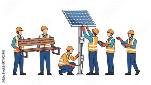 Solar Panel Installation Team: A team of skilled technicians meticulously installs a solar panel, showcasing the power of renewable energy and teamwork for a sustainable future.