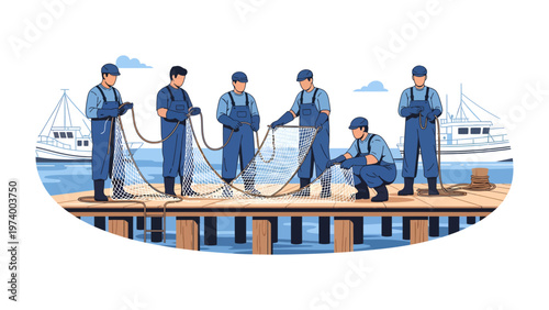 Team of Fishermen on Pier: A group of dedicated fishermen work collaboratively on a wooden pier, meticulously preparing their nets, with a serene coastal backdrop and boats in the background.