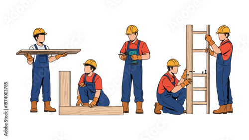 Building Process: A skilled construction worker is meticulously working on the various stages of the wooden ladder project. A true depiction of craftsmanship.
