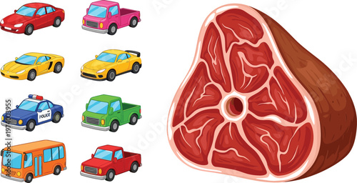 Cartoon vehicle collection with cars bus police car pickup truck and raw meat steak food illustration vector set