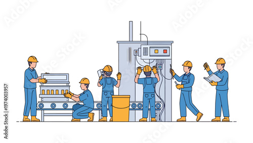 Industrial Workflow: A team of skilled technicians meticulously oversee an automated production line. Illustrating the precision and efficiency of modern manufacturing.