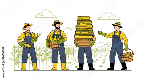 Harvest Harmony: A united group of farmers, amidst the golden fields, gathers ripe corn harvest, representing the shared labor, and communal spirit of agriculture.