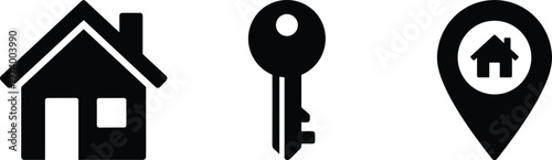 Outline illustrations depict a home, a key, and a map pin with a house, symbolizing real estate and secure location